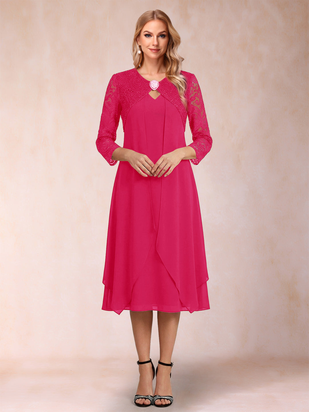 Sheath/Column 3/4 Sleeves Asymmetrical Mother of the Bride Dresses with Lace &amp; Rhinestone