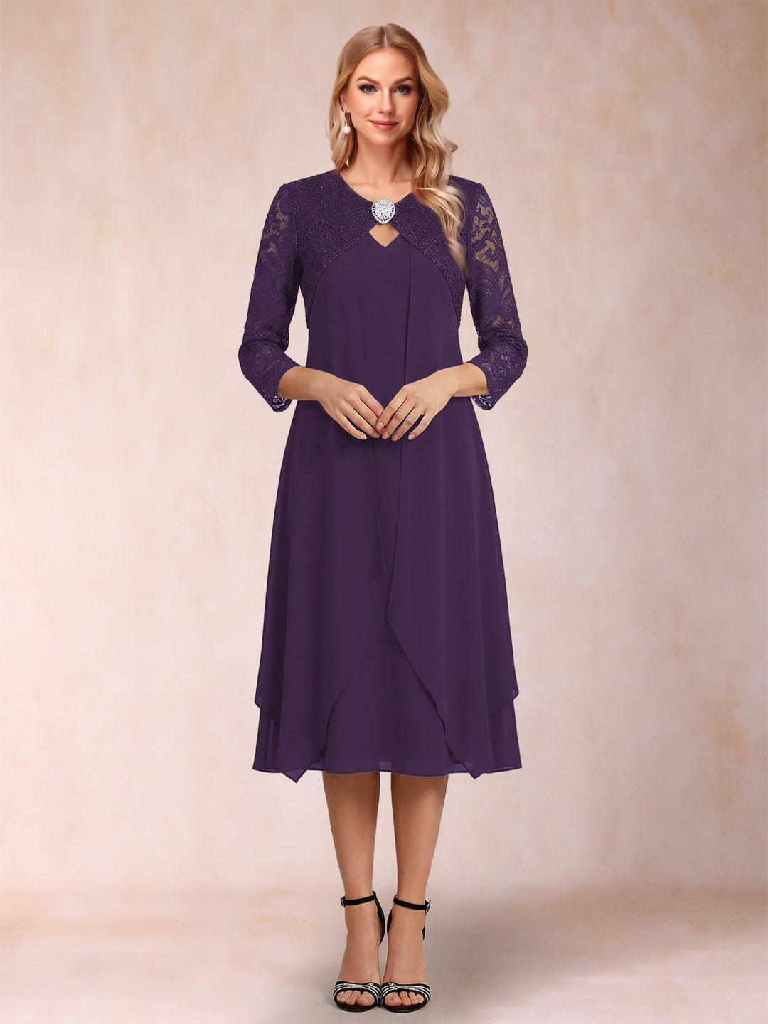 Sheath/Column 3/4 Sleeves Asymmetrical Mother of the Bride Dresses with Lace &amp; Rhinestone