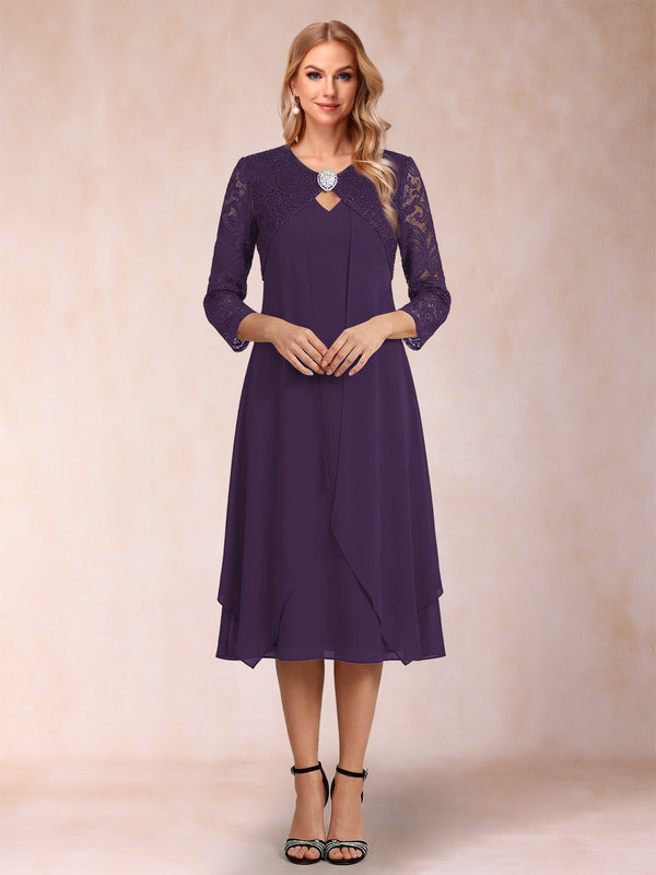 Sheath/Column 3/4 Sleeves Asymmetrical Mother of the Bride Dresses with Lace & Rhinestone