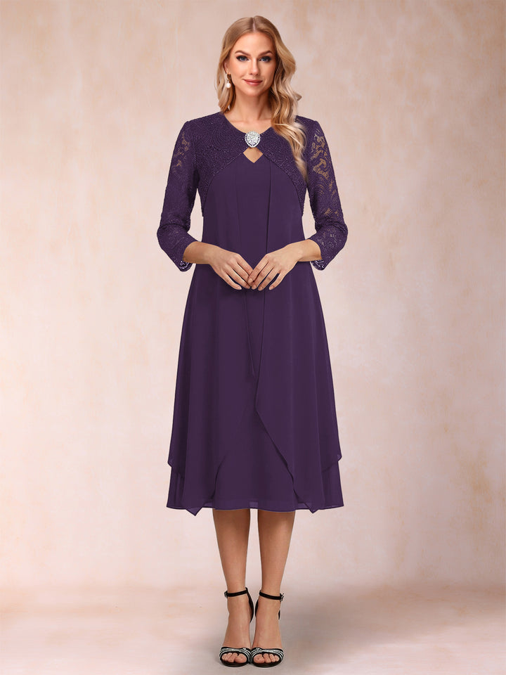 Sheath/Column 3/4 Sleeves Asymmetrical Mother of the Bride Dresses with Lace &amp; Rhinestone