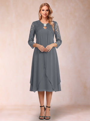 Sheath/Column 3/4 Sleeves Asymmetrical Mother of the Bride Dresses with Lace & Rhinestone