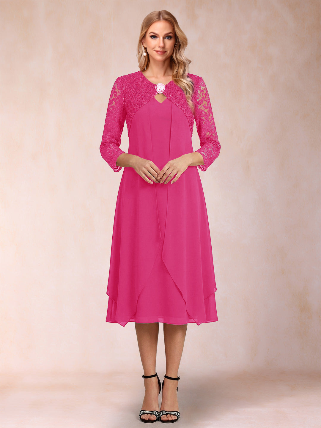 Sheath/Column 3/4 Sleeves Asymmetrical Mother of the Bride Dresses with Lace &amp; Rhinestone