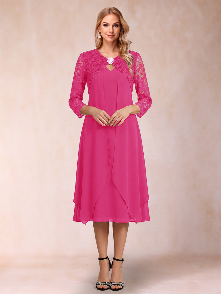 Sheath/Column 3/4 Sleeves Asymmetrical Mother of the Bride Dresses with Lace &amp; Rhinestone