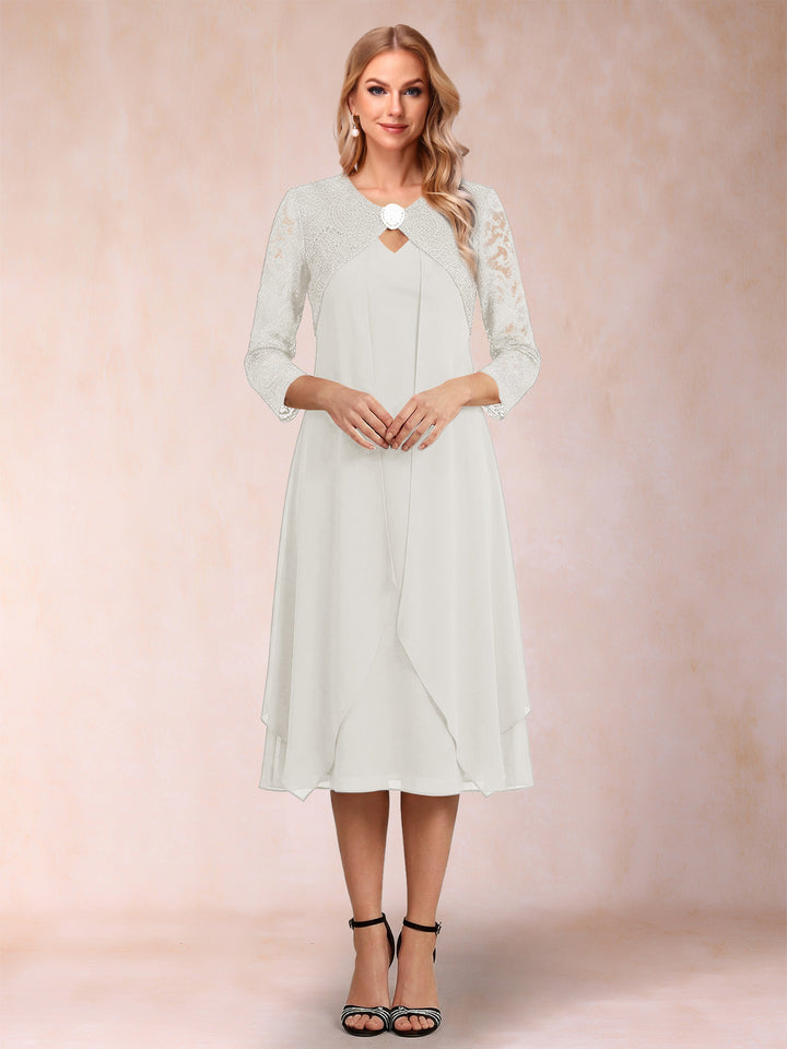 Sheath/Column 3/4 Sleeves Asymmetrical Mother of the Bride Dresses with Lace &amp; Rhinestone