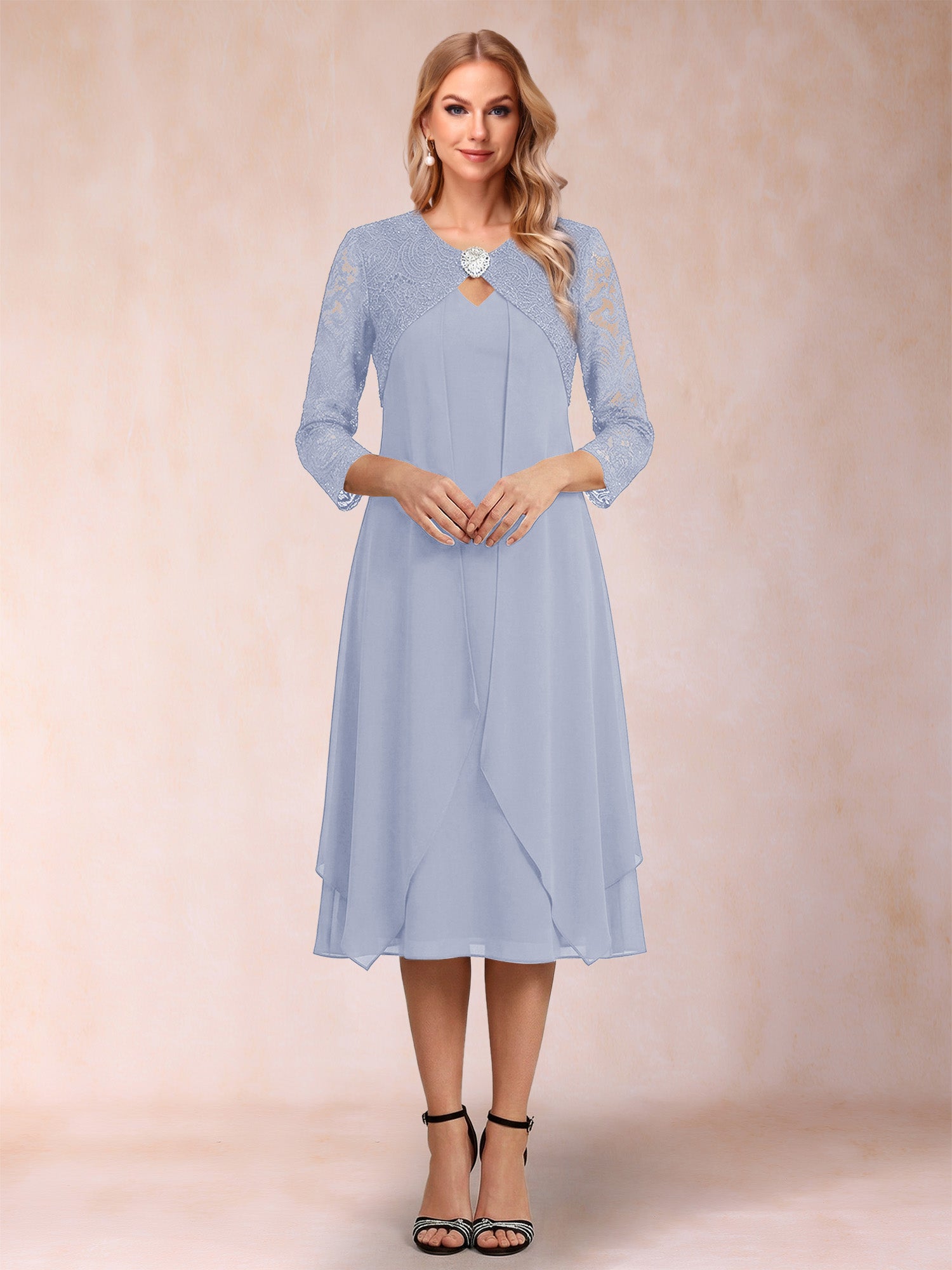 Sheath/Column 3/4 Sleeves Asymmetrical Mother of the Bride Dresses with Lace & Rhinestone