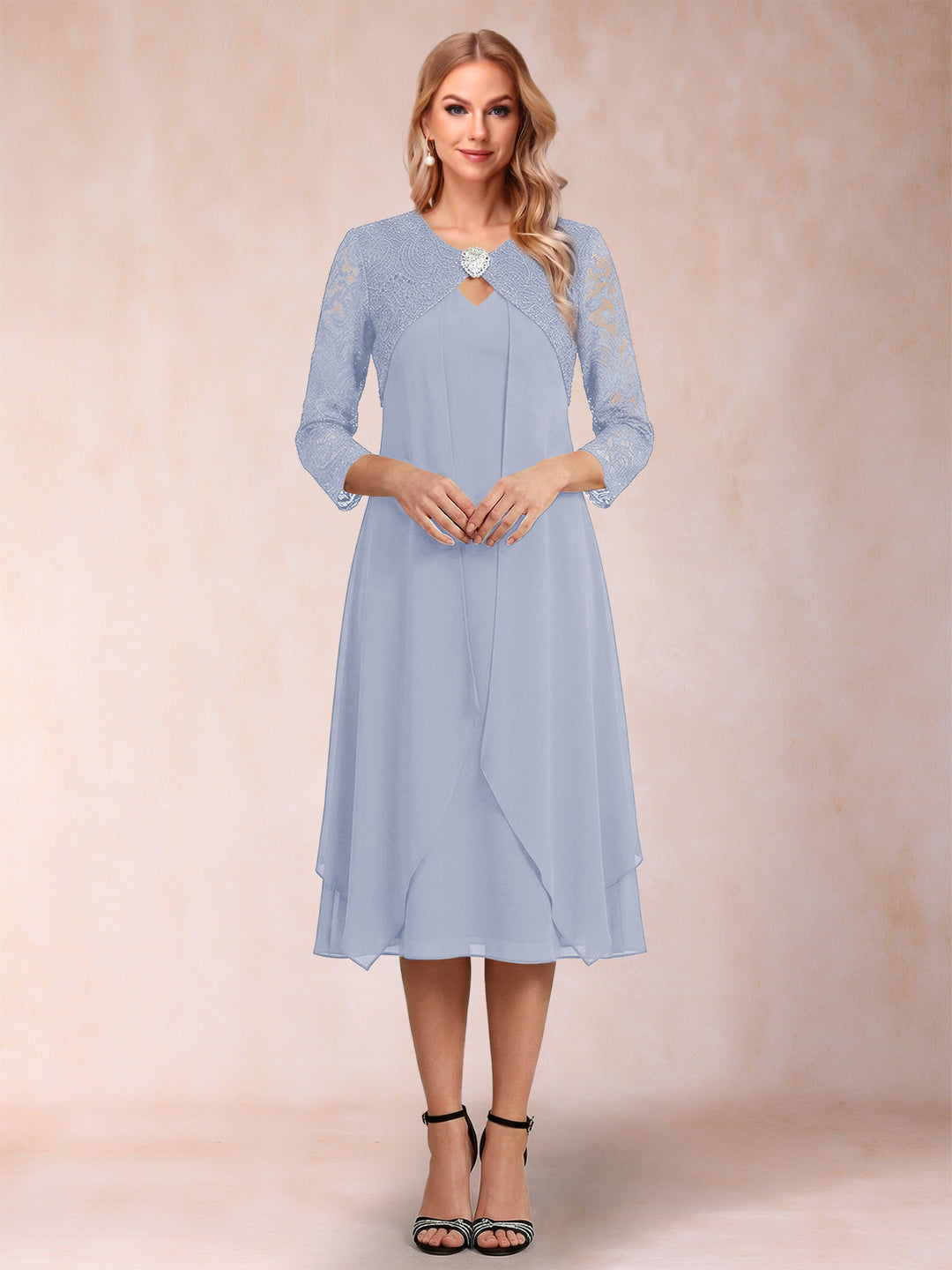 Sheath/Column 3/4 Sleeves Asymmetrical Mother of the Bride Dresses with Lace &amp; Rhinestone