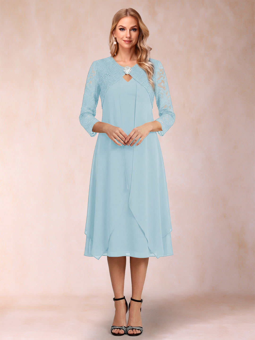 Sheath/Column 3/4 Sleeves Asymmetrical Mother of the Bride Dresses with Lace &amp; Rhinestone