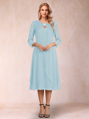 Sheath/Column 3/4 Sleeves Asymmetrical Mother of the Bride Dresses with Lace & Rhinestone