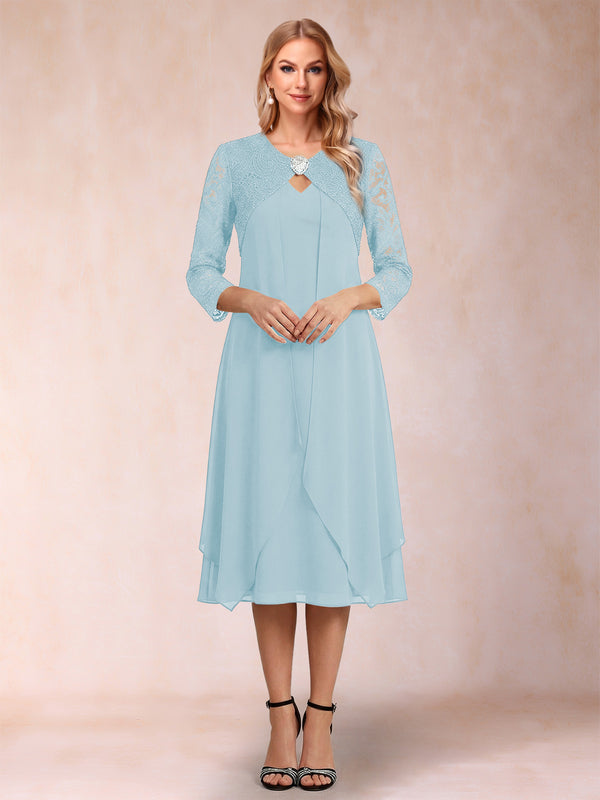 Sheath/Column 3/4 Sleeves Asymmetrical Mother of the Bride Dresses with Lace & Rhinestone