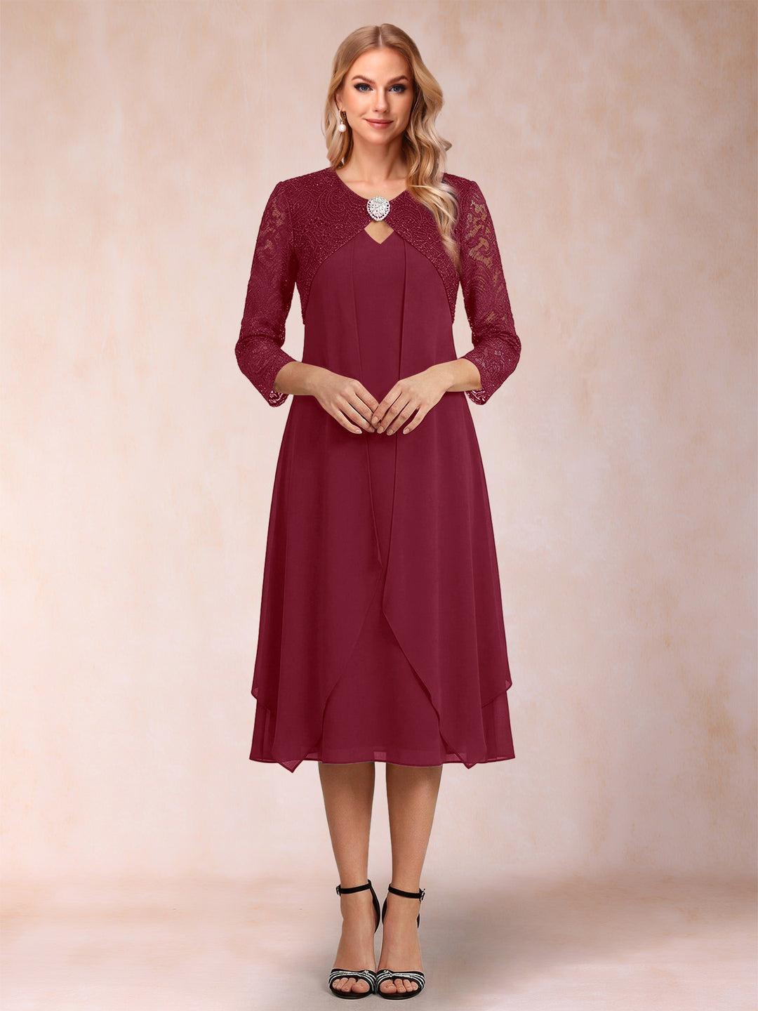 Sheath/Column 3/4 Sleeves Asymmetrical Mother of the Bride Dresses with Lace &amp; Rhinestone