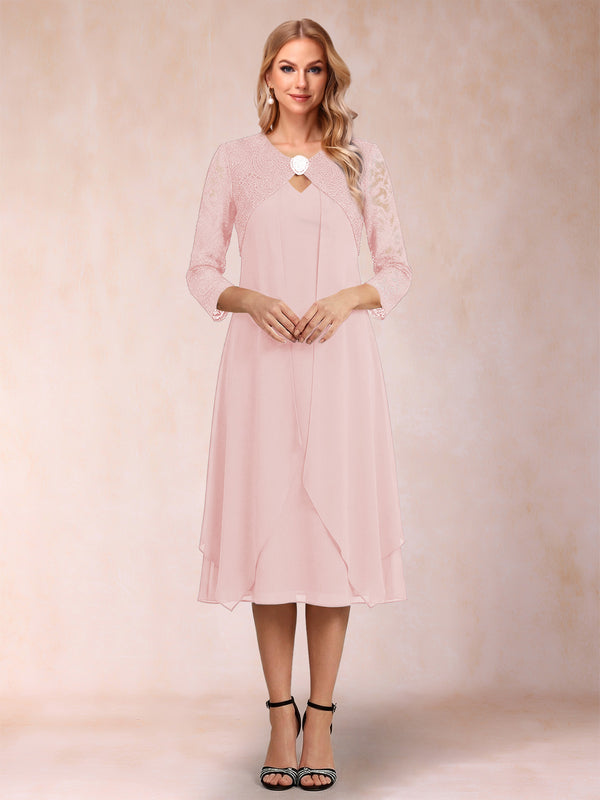Sheath/Column 3/4 Sleeves Asymmetrical Mother of the Bride Dresses with Lace & Rhinestone