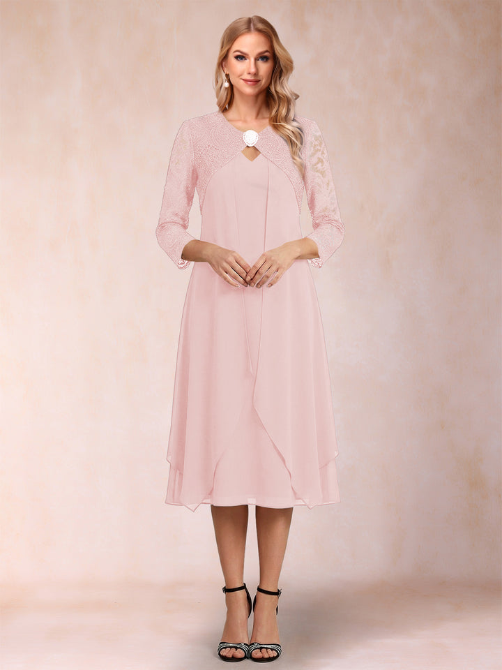 Sheath/Column 3/4 Sleeves Asymmetrical Mother of the Bride Dresses with Lace &amp; Rhinestone