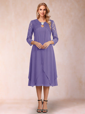 Sheath/Column 3/4 Sleeves Asymmetrical Mother of the Bride Dresses with Lace & Rhinestone