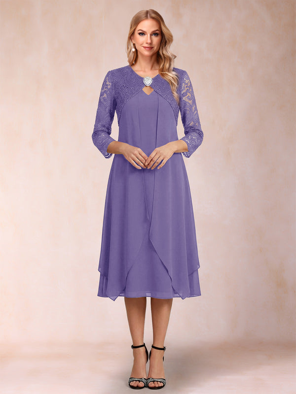 Sheath/Column 3/4 Sleeves Asymmetrical Mother of the Bride Dresses with Lace & Rhinestone