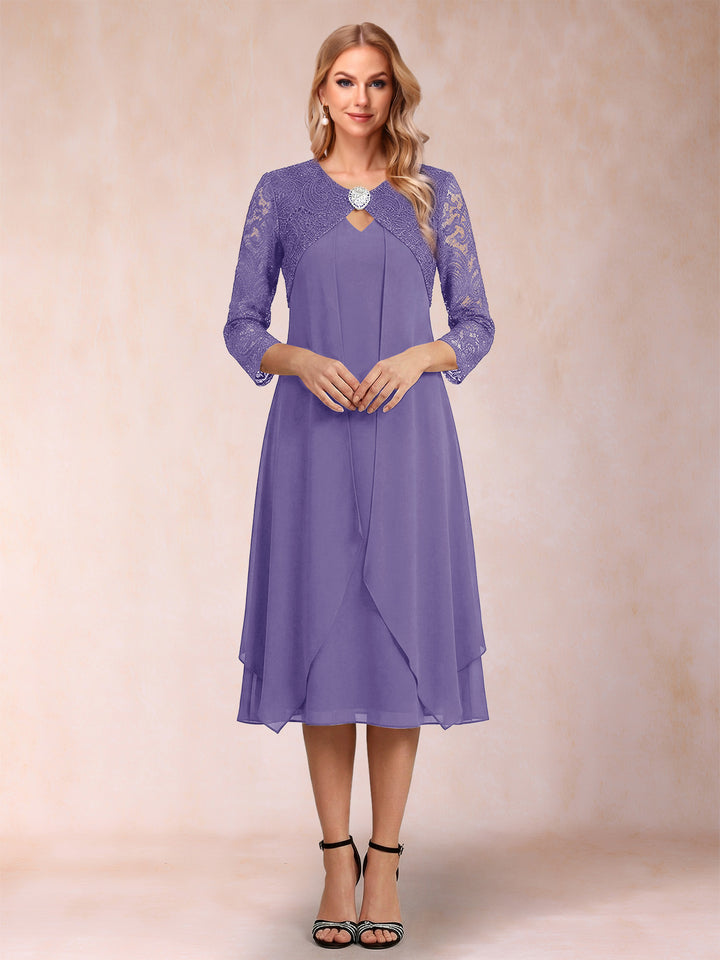 Sheath/Column 3/4 Sleeves Asymmetrical Mother of the Bride Dresses with Lace &amp; Rhinestone
