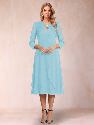 Sheath/Column 3/4 Sleeves Asymmetrical Mother of the Bride Dresses with Lace & Rhinestone