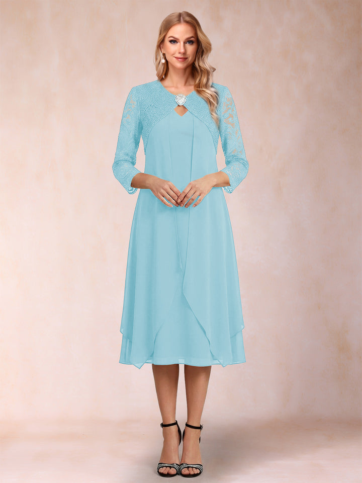 Sheath/Column 3/4 Sleeves Asymmetrical Mother of the Bride Dresses with Lace &amp; Rhinestone