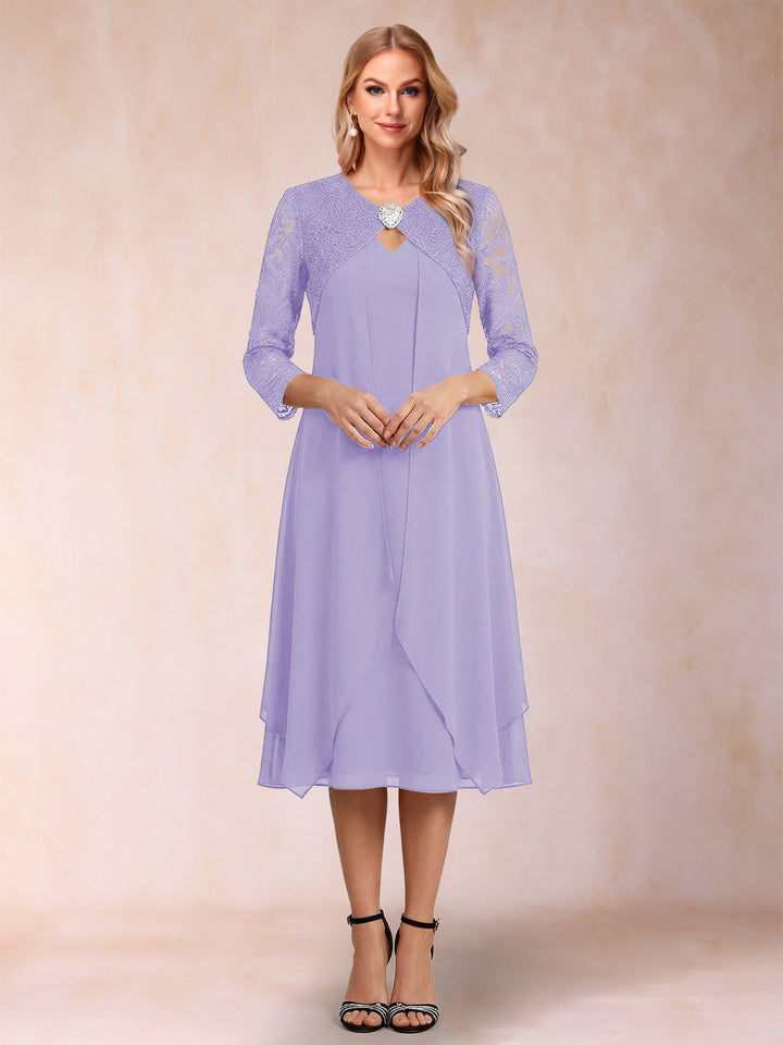 Sheath/Column 3/4 Sleeves Asymmetrical Mother of the Bride Dresses with Lace &amp; Rhinestone