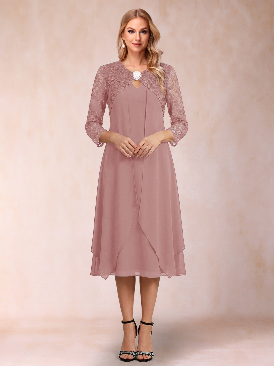 Sheath/Column 3/4 Sleeves Asymmetrical Mother of the Bride Dresses with Lace &amp; Rhinestone