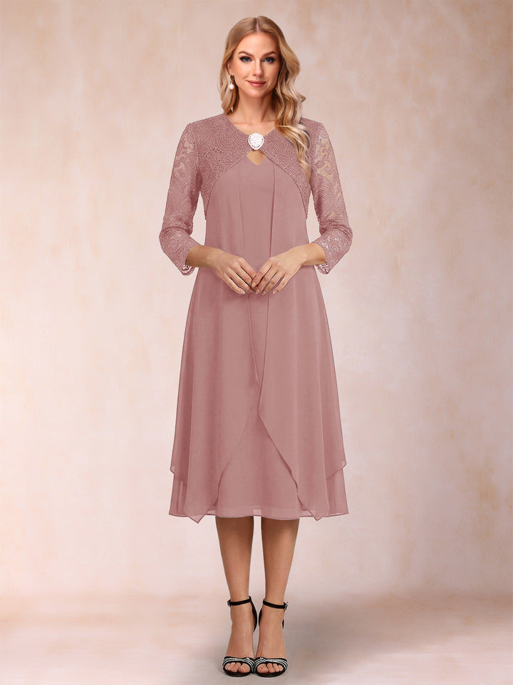 Sheath/Column 3/4 Sleeves Asymmetrical Mother of the Bride Dresses with Lace &amp; Rhinestone