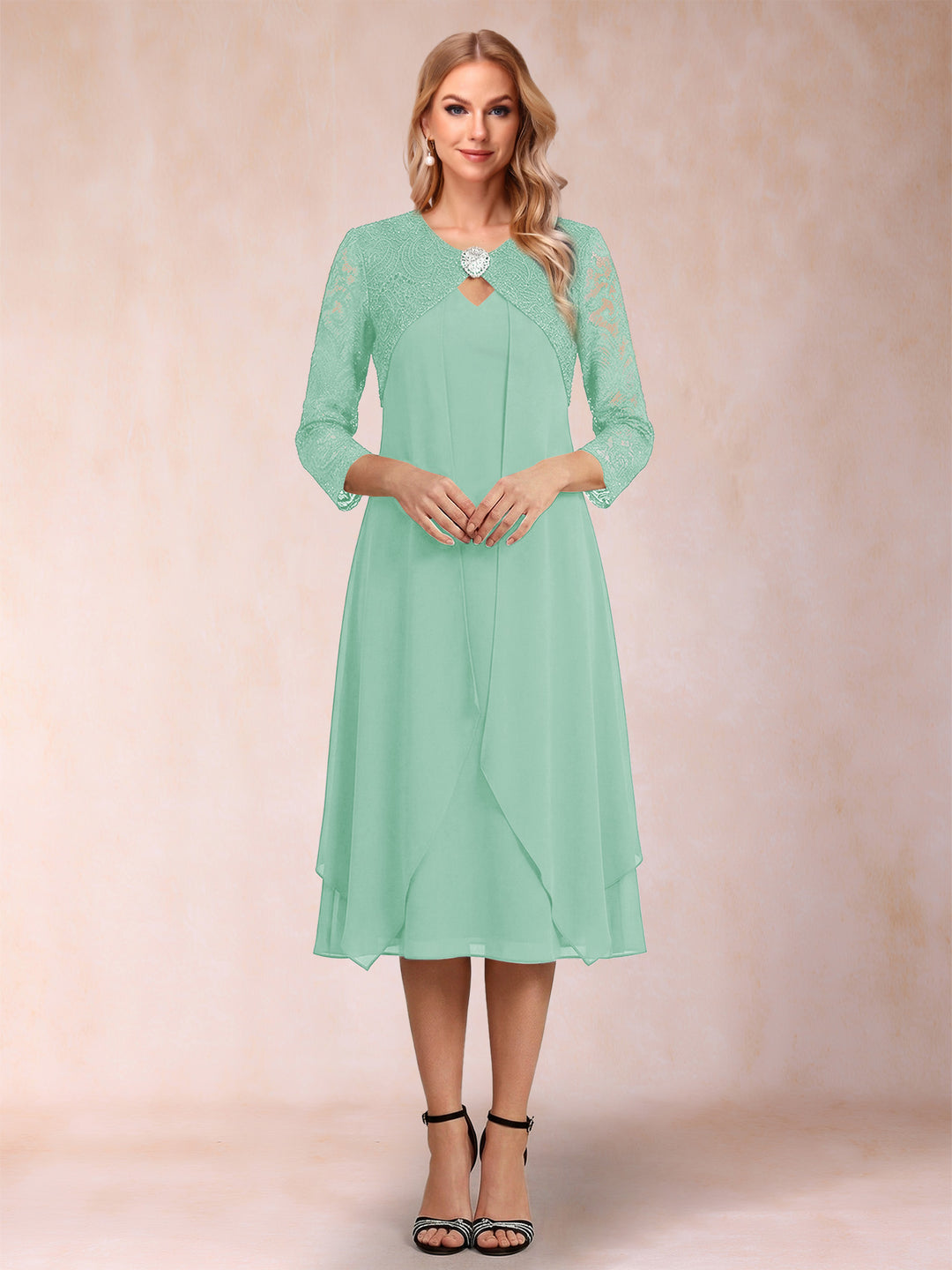 Sheath/Column 3/4 Sleeves Asymmetrical Mother of the Bride Dresses with Lace &amp; Rhinestone