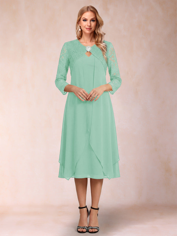 Sheath/Column 3/4 Sleeves Asymmetrical Mother of the Bride Dresses with Lace &amp; Rhinestone