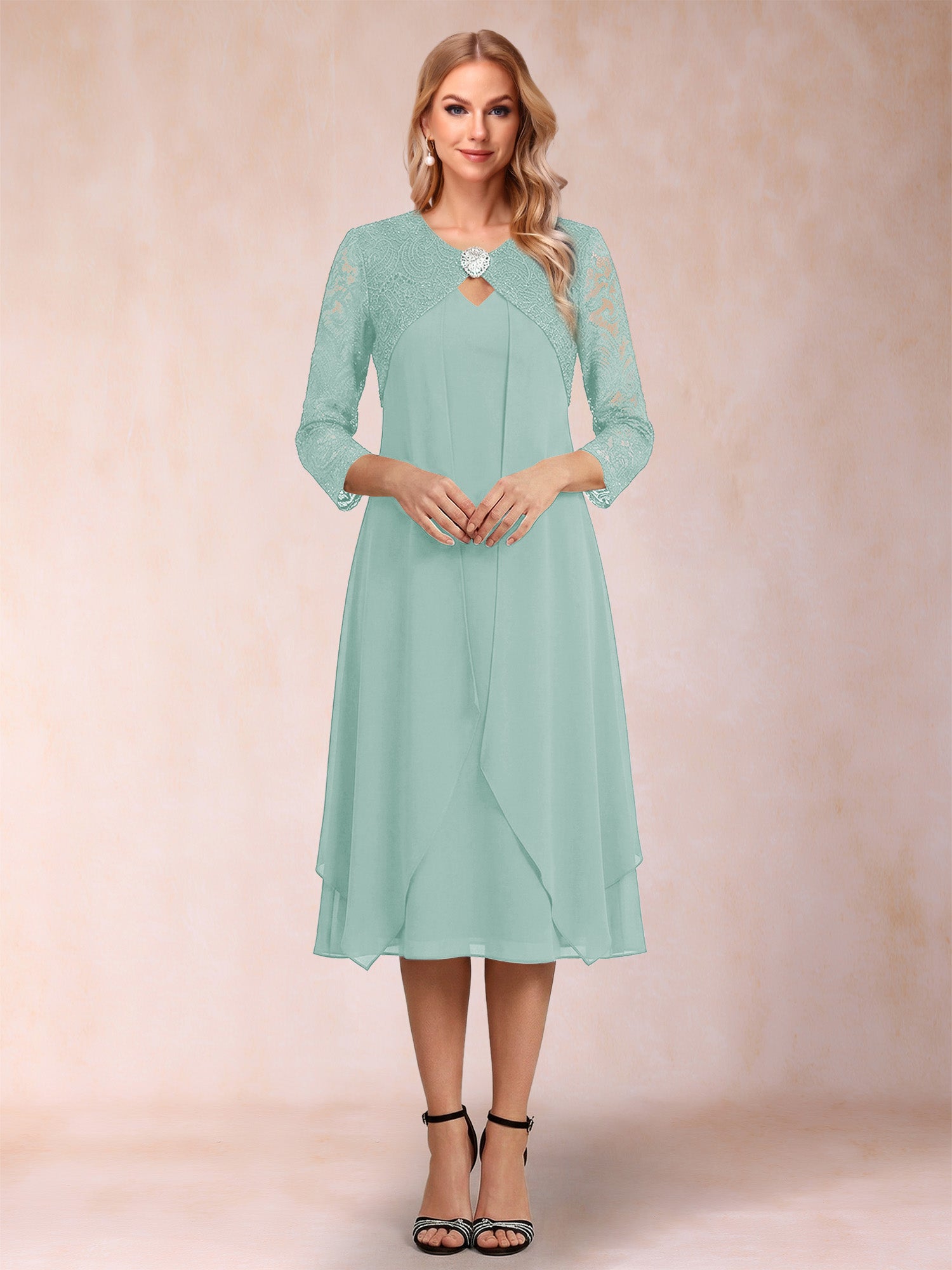 Sheath/Column 3/4 Sleeves Asymmetrical Mother of the Bride Dresses with Lace & Rhinestone