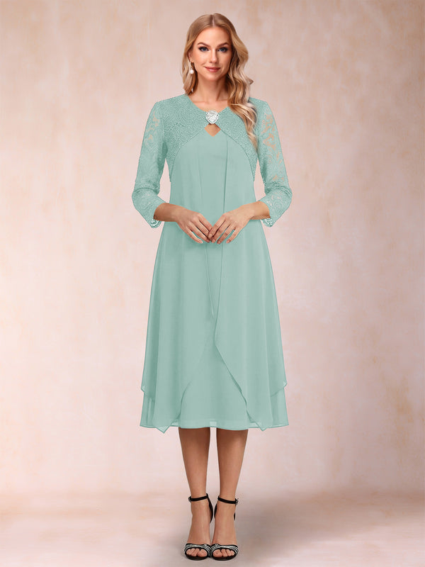 Sheath/Column 3/4 Sleeves Asymmetrical Mother of the Bride Dresses with Lace & Rhinestone