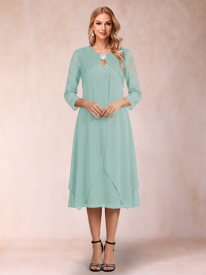 Sheath/Column 3/4 Sleeves Asymmetrical Mother of the Bride Dresses with Lace &amp; Rhinestone