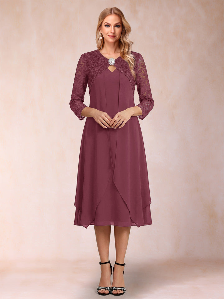 Sheath/Column 3/4 Sleeves Asymmetrical Mother of the Bride Dresses with Lace &amp; Rhinestone