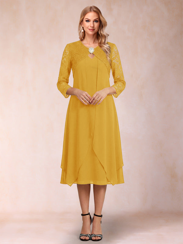 Sheath/Column 3/4 Sleeves Asymmetrical Mother of the Bride Dresses with Lace & Rhinestone