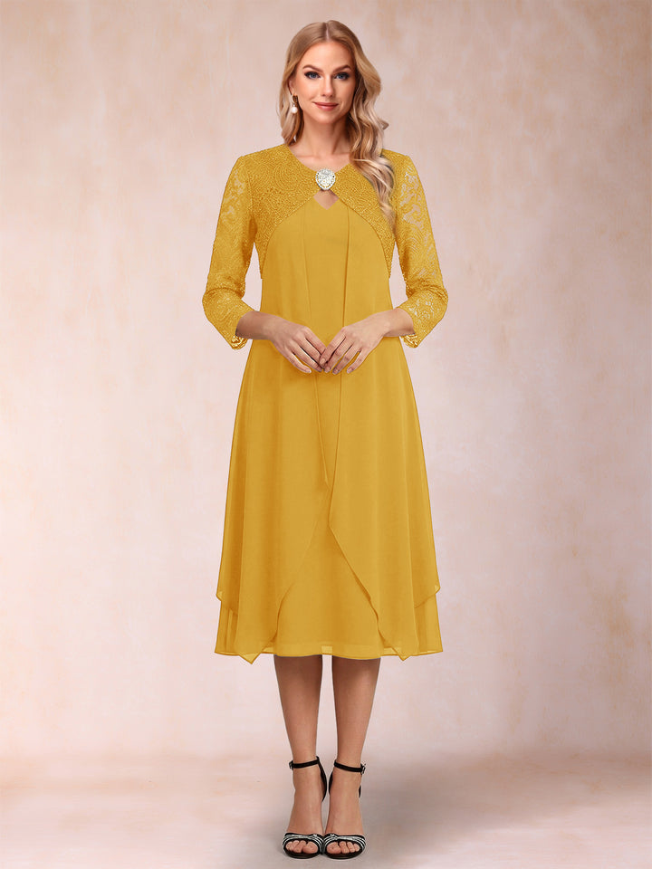 Sheath/Column 3/4 Sleeves Asymmetrical Mother of the Bride Dresses with Lace &amp; Rhinestone