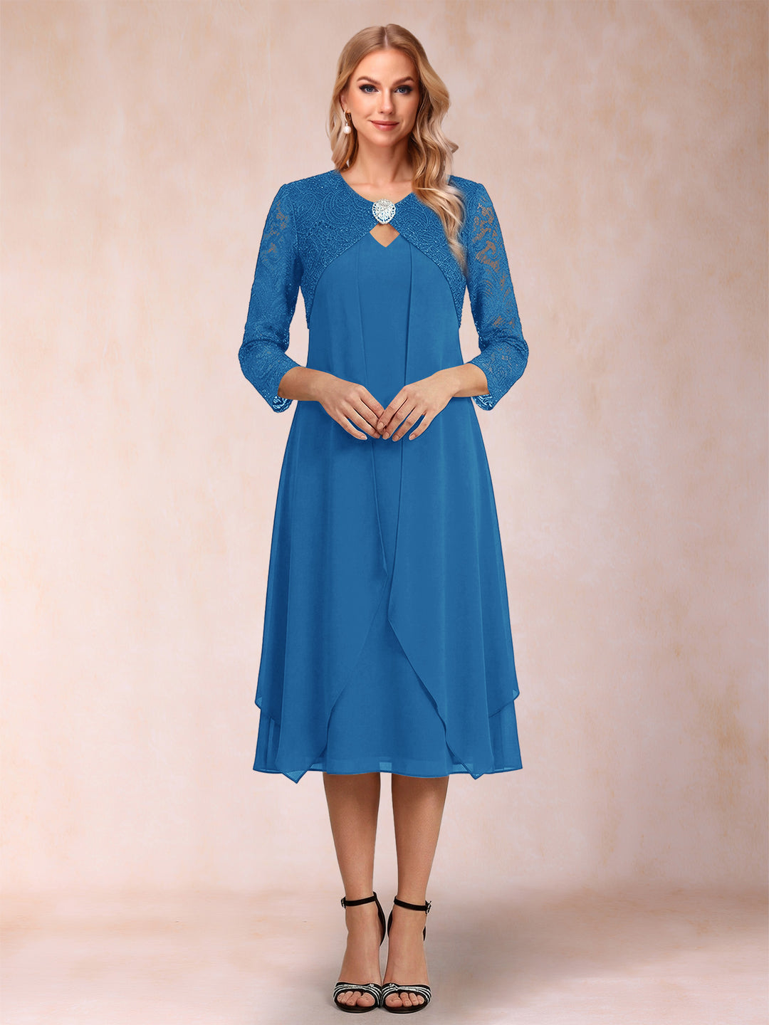 Sheath/Column 3/4 Sleeves Asymmetrical Mother of the Bride Dresses with Lace &amp; Rhinestone