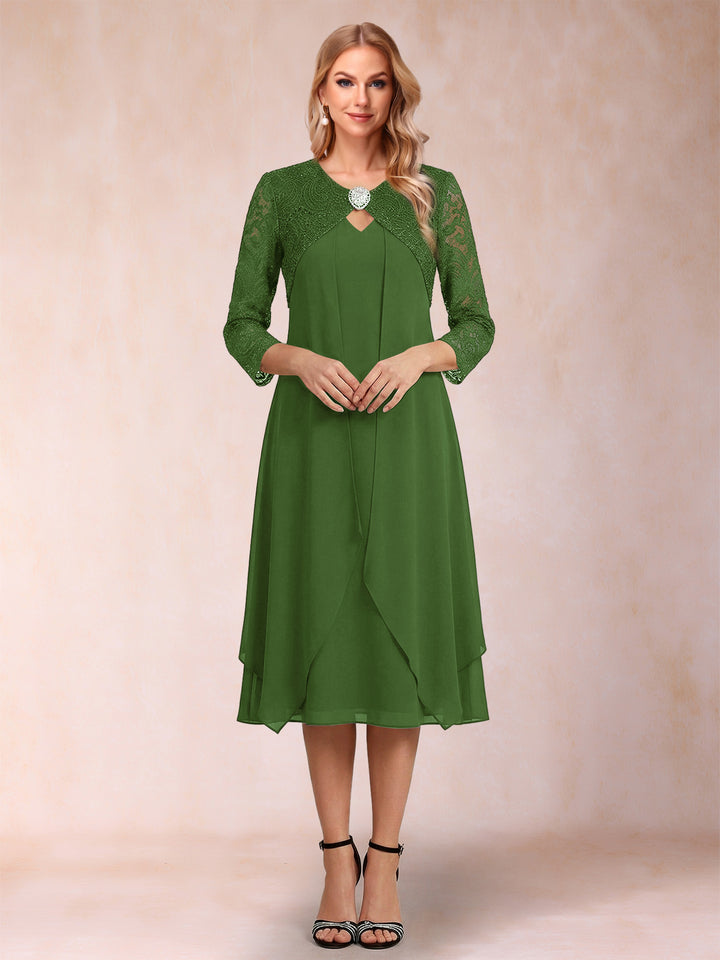 Sheath/Column 3/4 Sleeves Asymmetrical Mother of the Bride Dresses with Lace &amp; Rhinestone