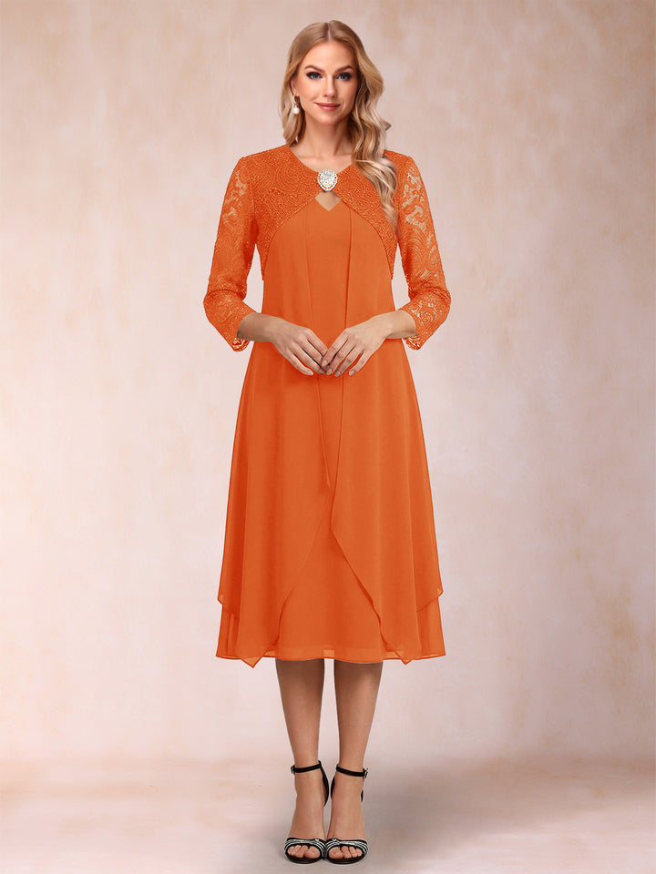 Sheath/Column 3/4 Sleeves Asymmetrical Mother of the Bride Dresses with Lace &amp; Rhinestone