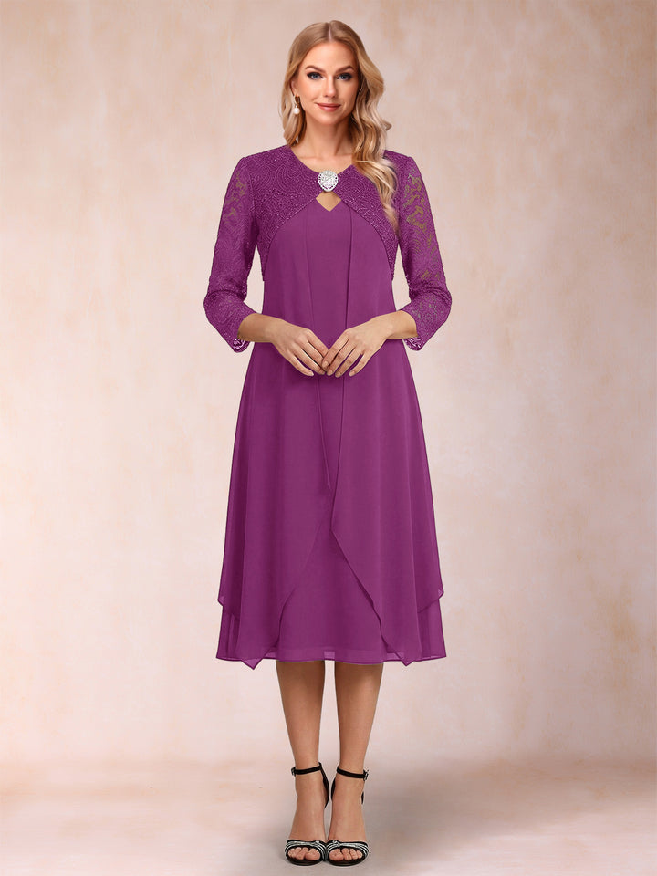 Sheath/Column 3/4 Sleeves Asymmetrical Mother of the Bride Dresses with Lace &amp; Rhinestone