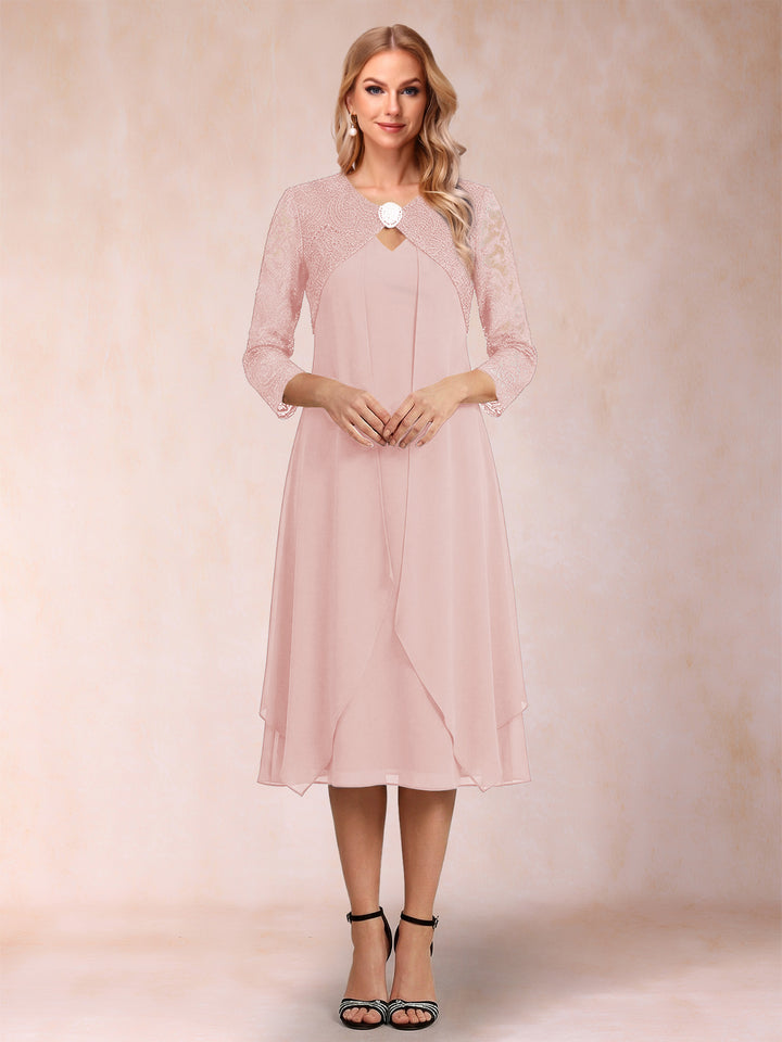 Sheath/Column 3/4 Sleeves Asymmetrical Mother of the Bride Dresses with Lace &amp; Rhinestone