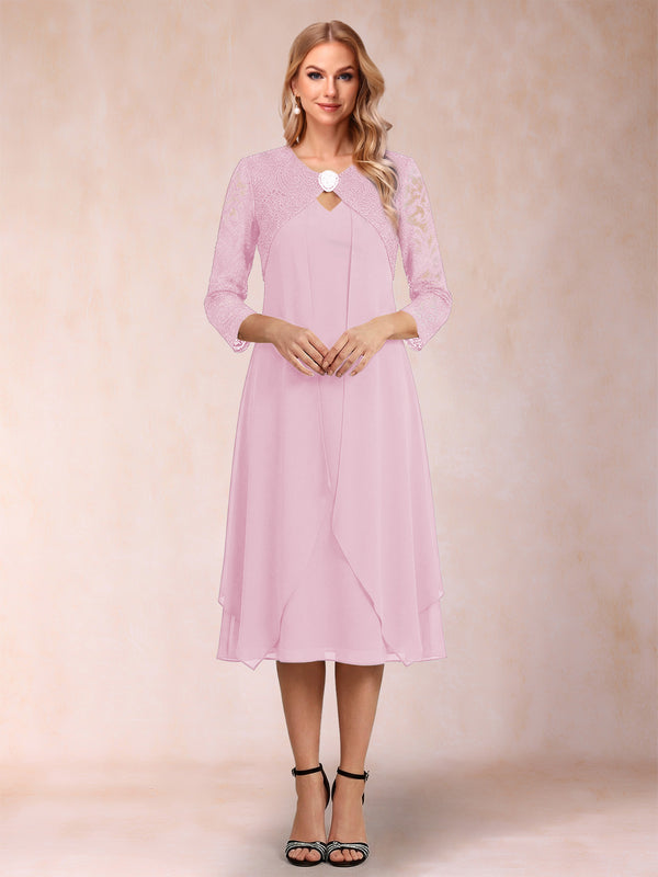 Sheath/Column 3/4 Sleeves Asymmetrical Mother of the Bride Dresses with Lace & Rhinestone