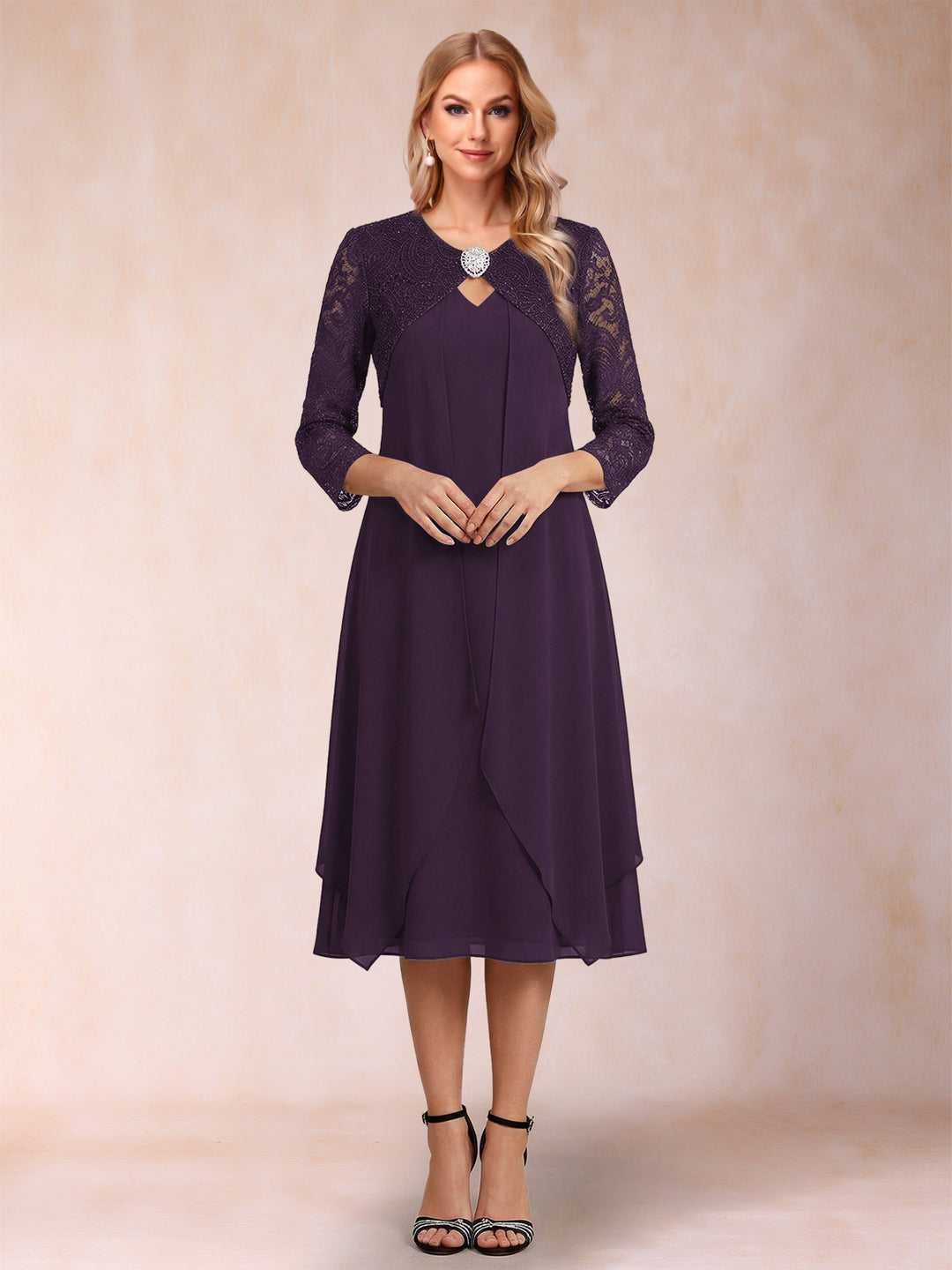 Sheath/Column 3/4 Sleeves Asymmetrical Mother of the Bride Dresses with Lace &amp; Rhinestone