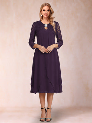 Sheath/Column 3/4 Sleeves Asymmetrical Mother of the Bride Dresses with Lace & Rhinestone