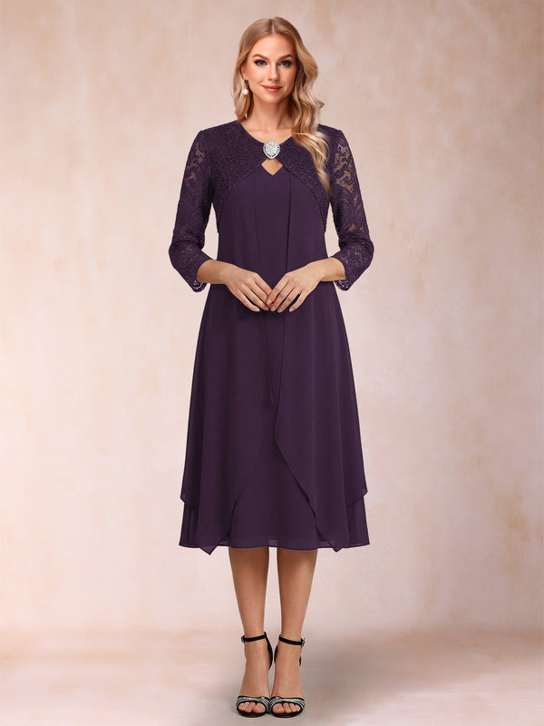 Sheath/Column 3/4 Sleeves Asymmetrical Mother of the Bride Dresses with Lace & Rhinestone