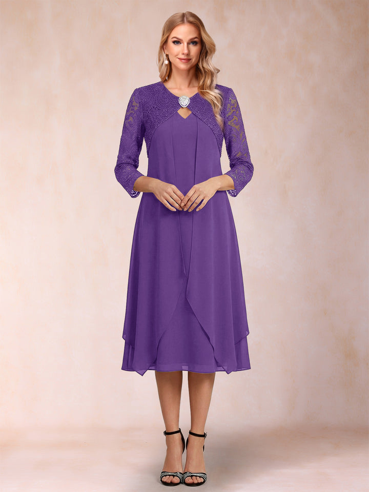 Sheath/Column 3/4 Sleeves Asymmetrical Mother of the Bride Dresses with Lace &amp; Rhinestone