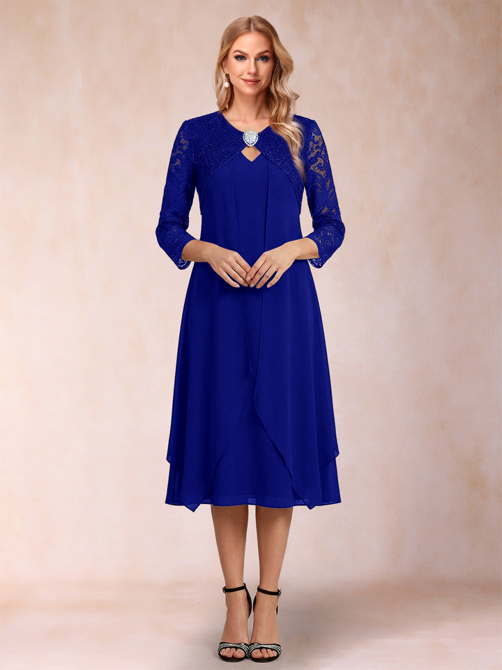 Sheath/Column 3/4 Sleeves Asymmetrical Mother of the Bride Dresses with Lace &amp; Rhinestone