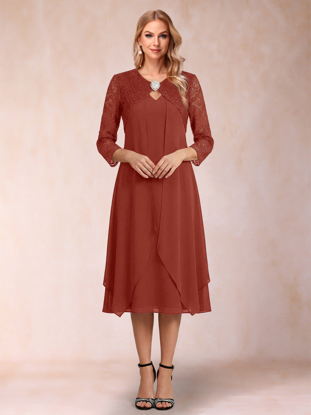 Sheath/Column 3/4 Sleeves Asymmetrical Mother of the Bride Dresses with Lace &amp; Rhinestone