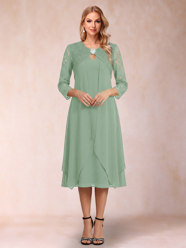 Sheath/Column 3/4 Sleeves Asymmetrical Mother of the Bride Dresses with Lace &amp; Rhinestone