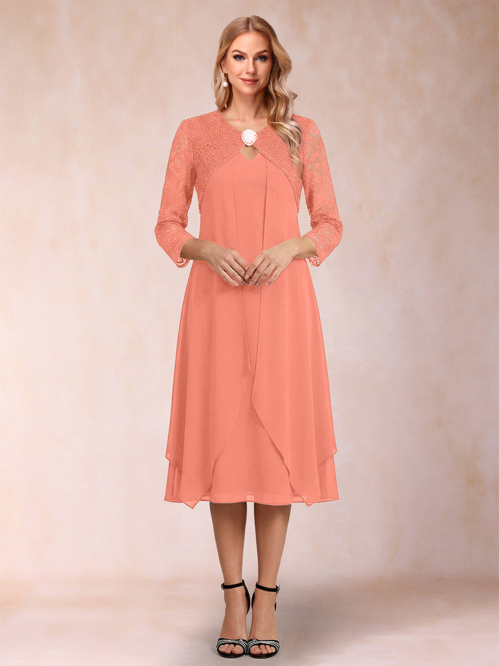 Sheath/Column 3/4 Sleeves Asymmetrical Mother of the Bride Dresses with Lace &amp; Rhinestone