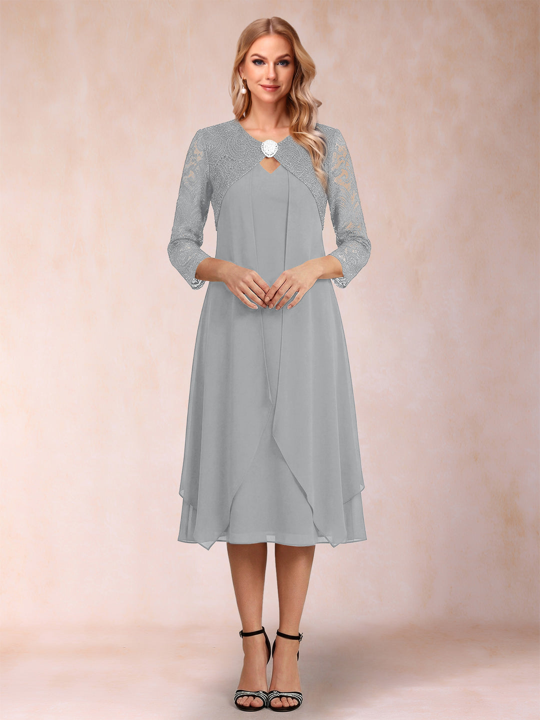Sheath/Column 3/4 Sleeves Asymmetrical Mother of the Bride Dresses with Lace &amp; Rhinestone