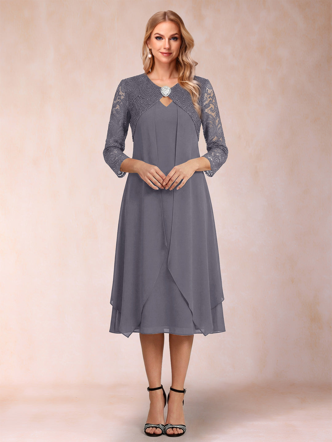 Sheath/Column 3/4 Sleeves Asymmetrical Mother of the Bride Dresses with Lace &amp; Rhinestone