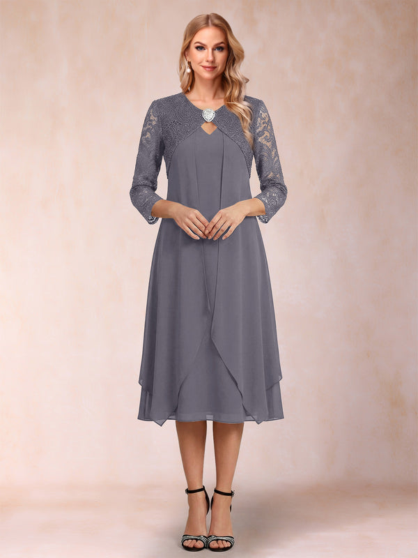 Sheath/Column 3/4 Sleeves Asymmetrical Mother of the Bride Dresses with Lace & Rhinestone