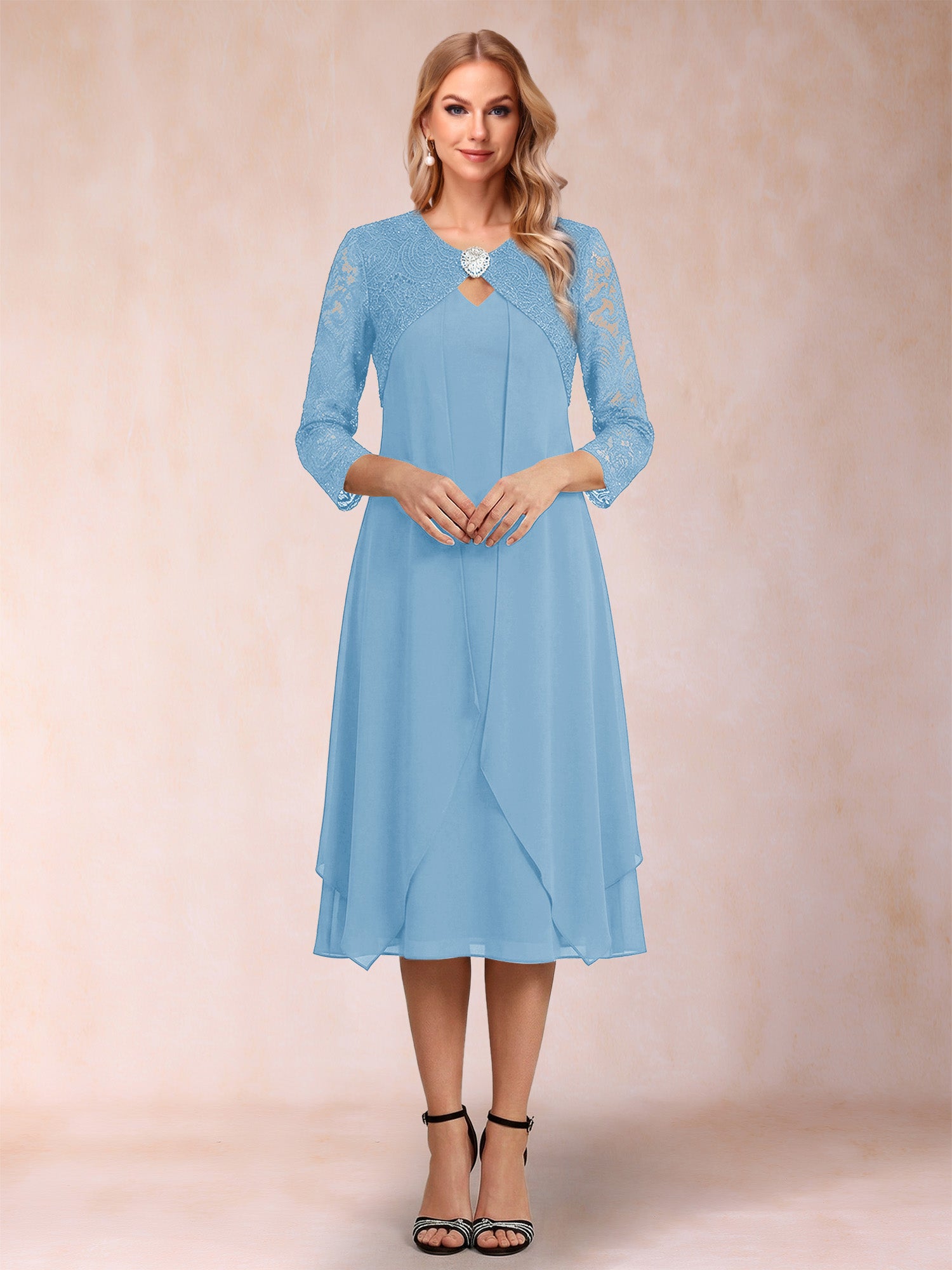 Sheath/Column 3/4 Sleeves Asymmetrical Mother of the Bride Dresses with Lace & Rhinestone